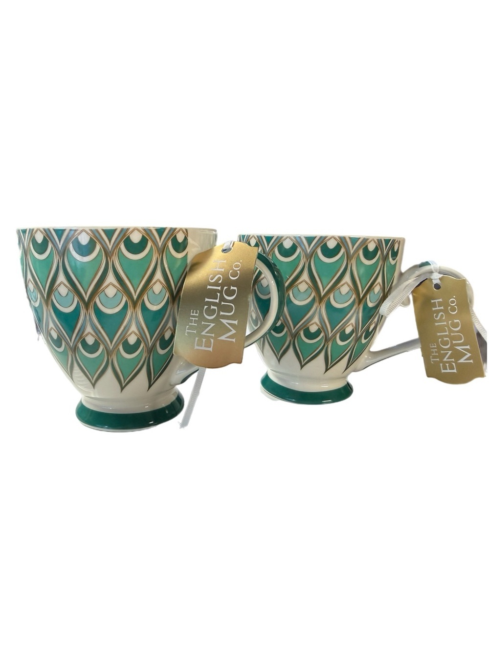 The English Mug Co Peacock Feather Fine China Footed Mugs Set of 2 Teal Gold NWT